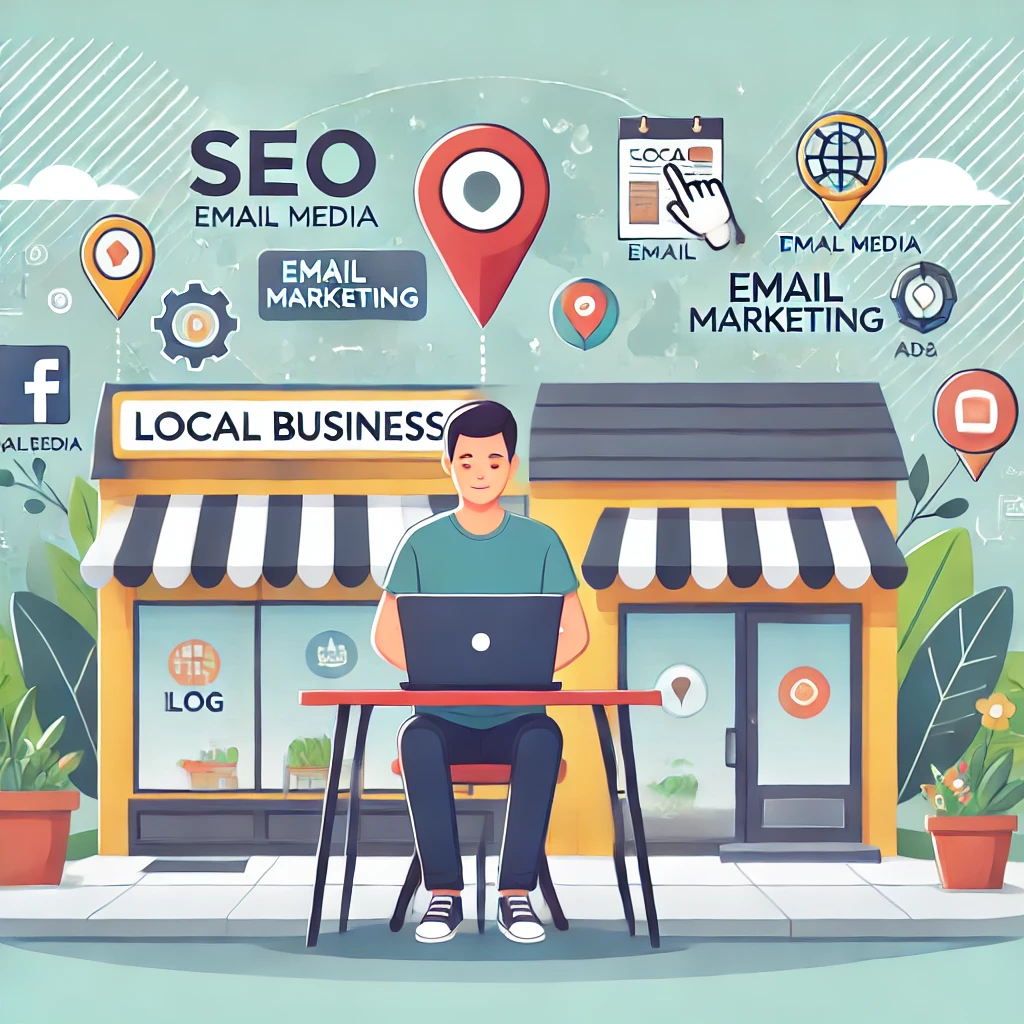 Small business owner at a laptop surrounded by icons for online promotion methods like SEO, social media, email marketing, and ads.