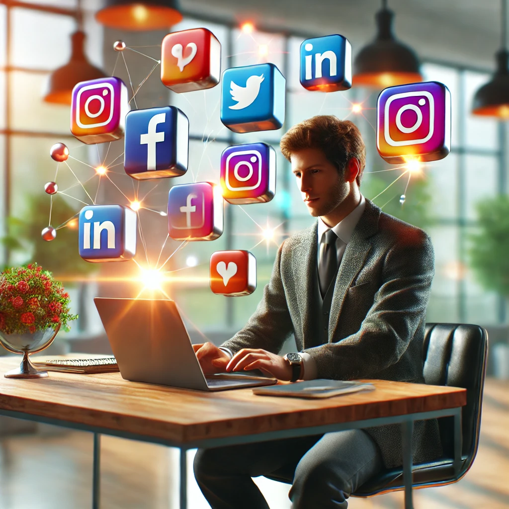 Small business owner using a laptop for social media marketing with floating social media icons