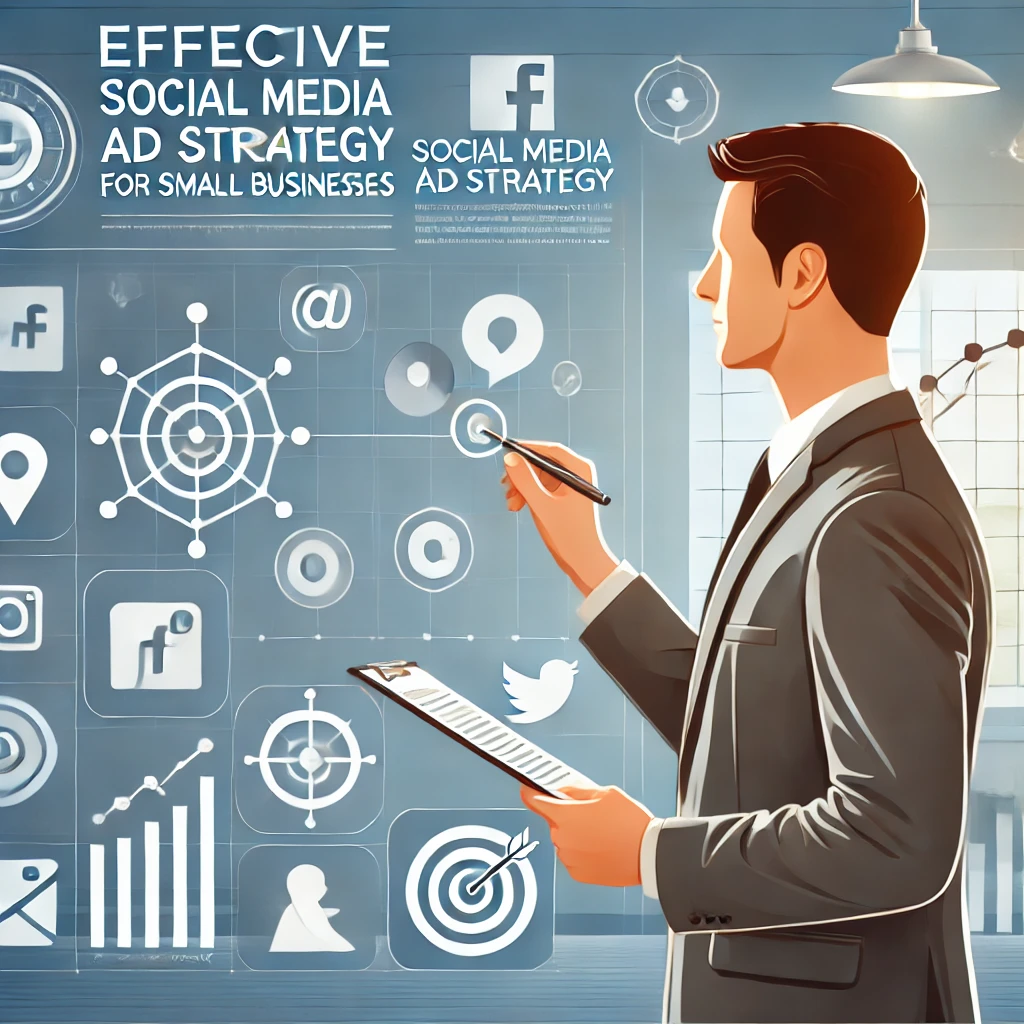 Graphic showing a small business owner planning a social media ad strategy with icons for platforms like Facebook, Instagram, and LinkedIn, representing targeted advertising for small businesses.