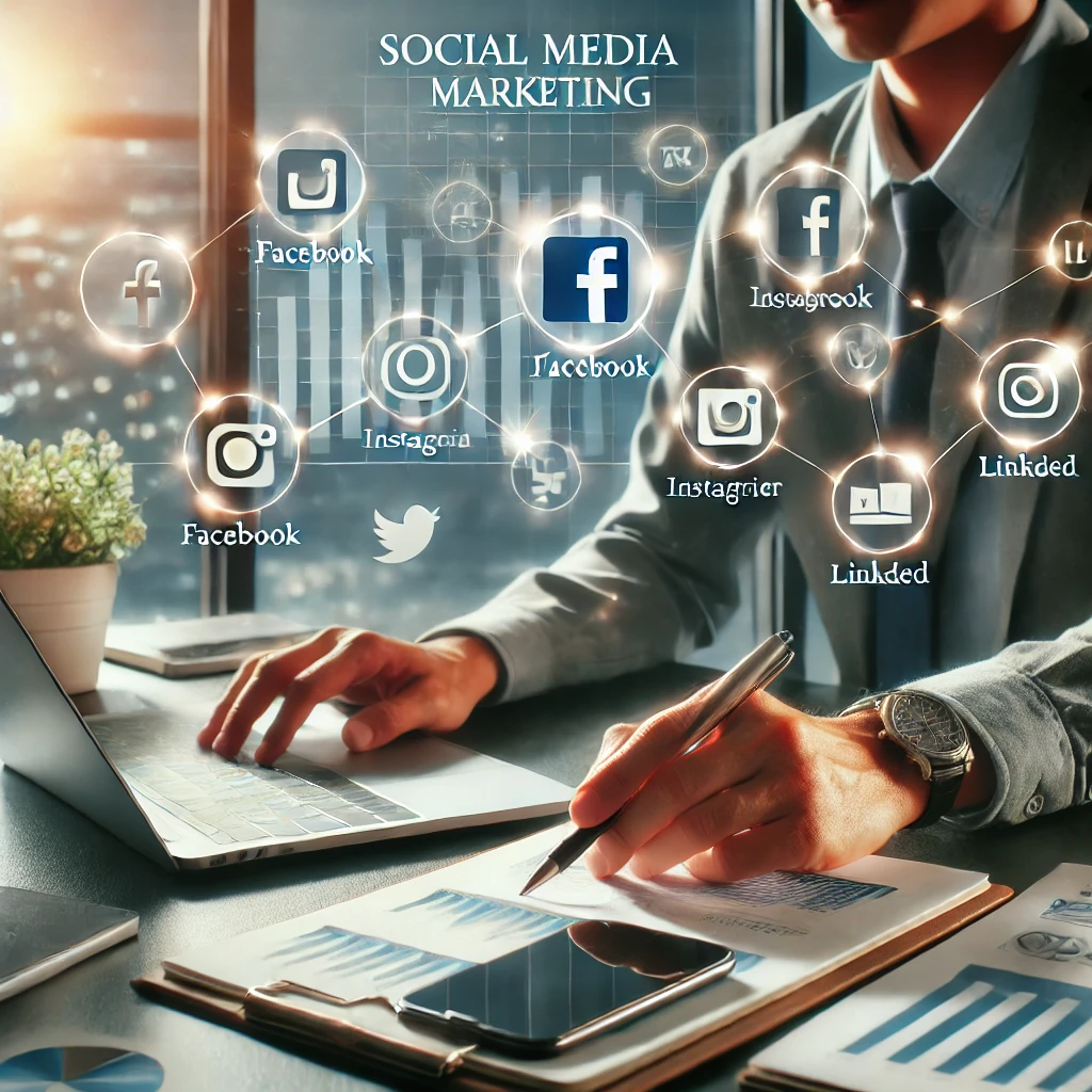 Business professional working on social media marketing with icons of popular social media platforms like Facebook, Instagram, Twitter, and LinkedIn in a modern workspace with growth charts