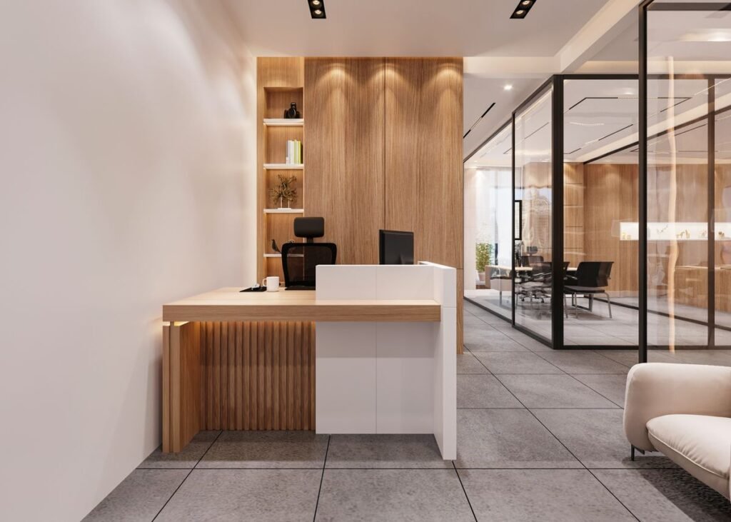 Modern office reception area with wood and glass interiors